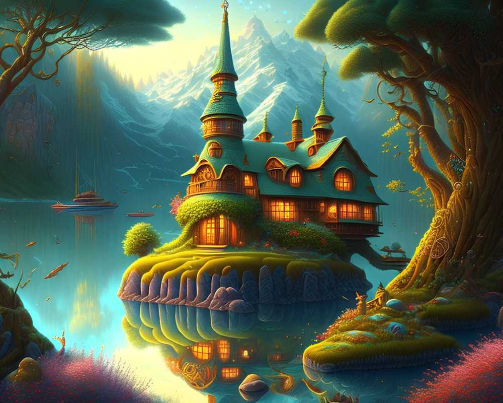 Whimsical house on floating island with mountains in background