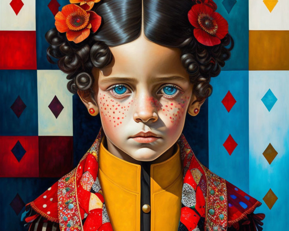 Child portrait with blue eyes, ringlet hair, and red flowers on geometric backdrop