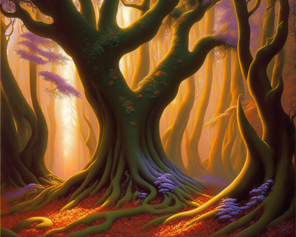Mystic large tree in enchanting forest with warm golden light