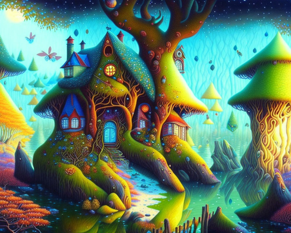 Colorful surreal landscape with whimsical tree houses and glowing windows