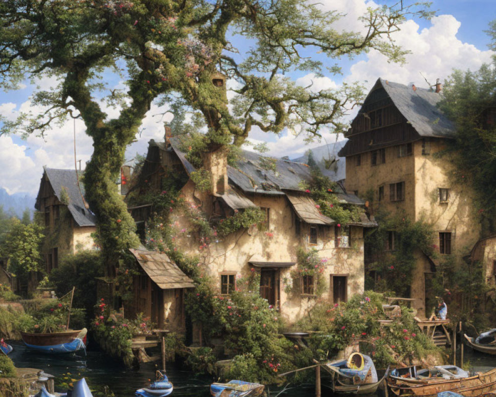 Rustic village by river with boats, blooming flowers, and lush greenery