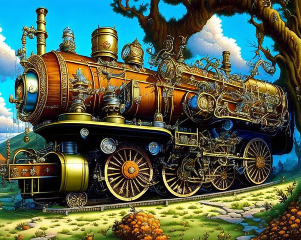 Fantastical steam locomotive on vibrant landscape with ornate details