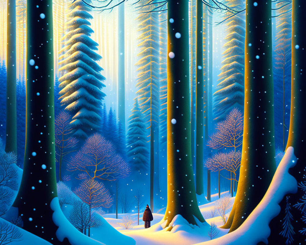 Snow-covered winter forest scene with tall trees, blue sky, falling snowflakes, and lone figure