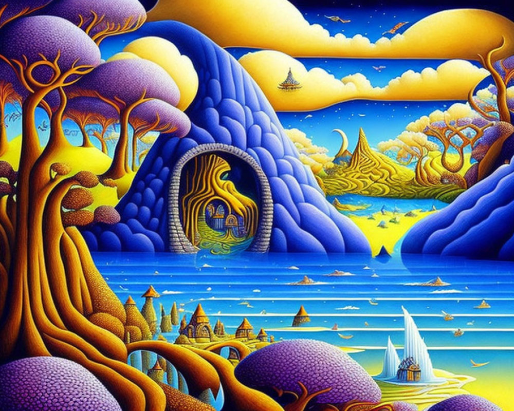 Surrealist landscape with stylized trees, rock formations, golden gate, and serene river
