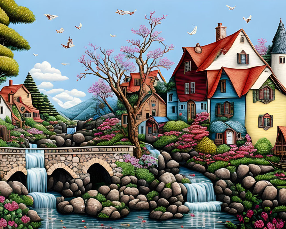 Vibrant village scene with waterfall, stone bridge, trees, flowers, and birds