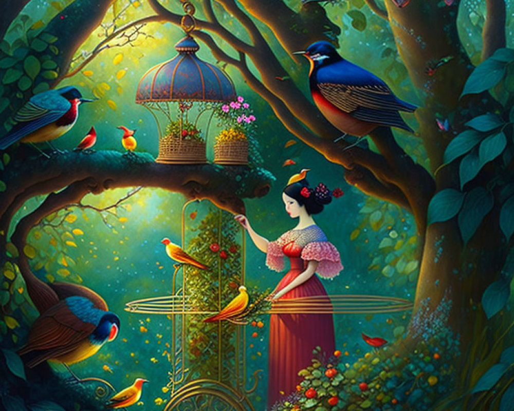 Woman in red dress with colorful birds in lush forest