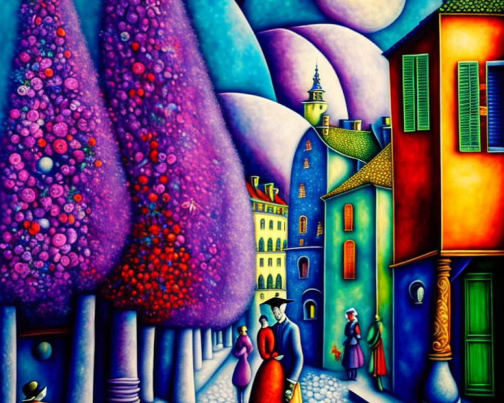Colorful, stylized painting of whimsical town with elegant figures