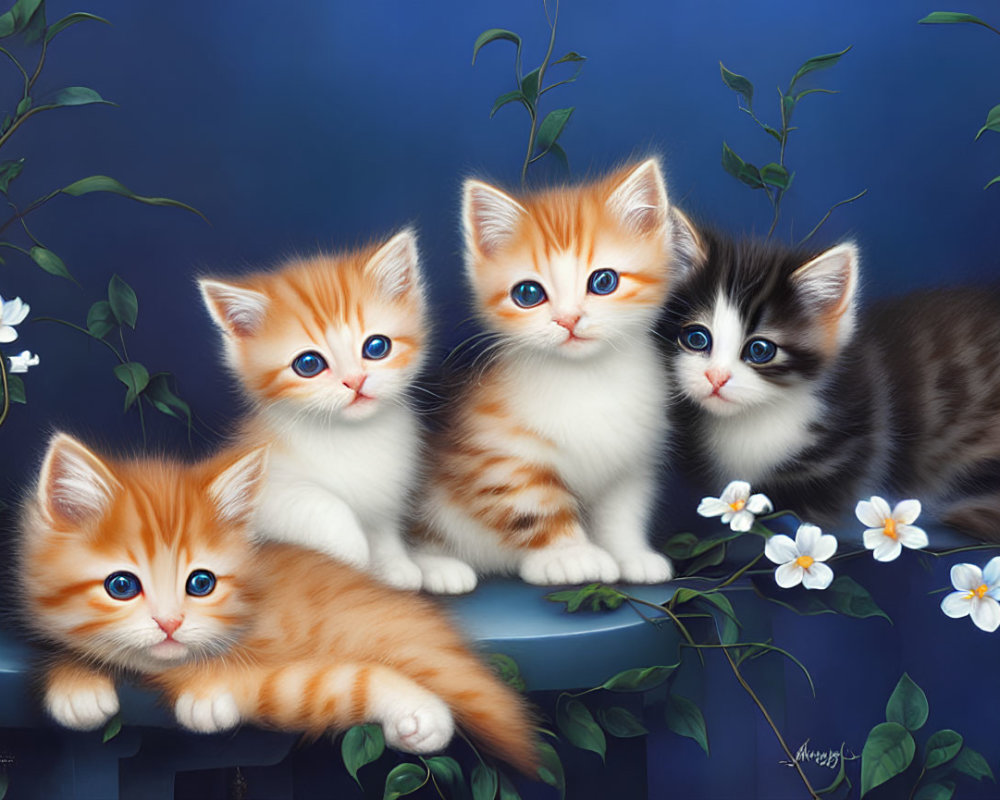 Four kittens with vibrant eyes among green vines and white flowers on blue background