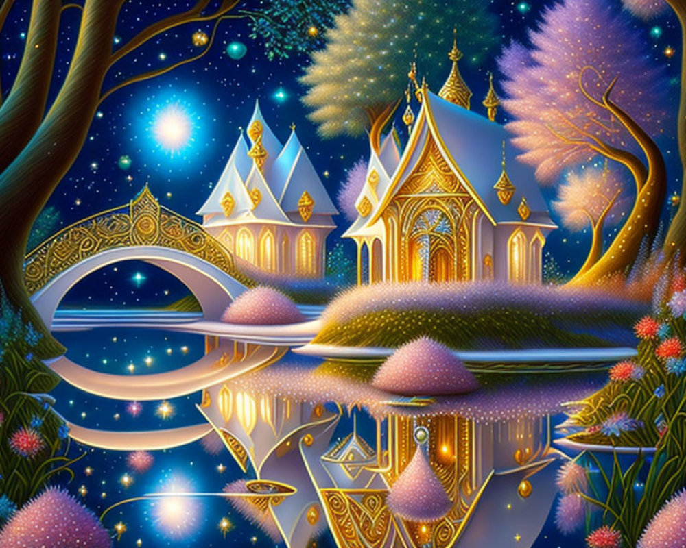 Enchanted nocturnal scene: glowing castle, starry sky, tranquil river, arched bridge