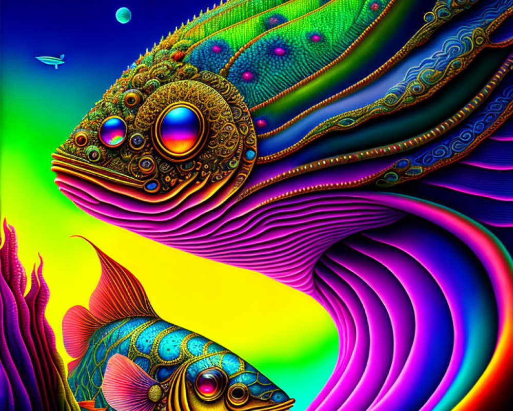 Colorful Digital Artwork: Stylized Fish in Psychedelic Aquatic Scene