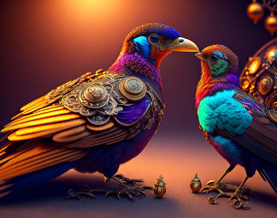 Ornate fantasy birds with vibrant plumage and decorative eggs on warm amber background