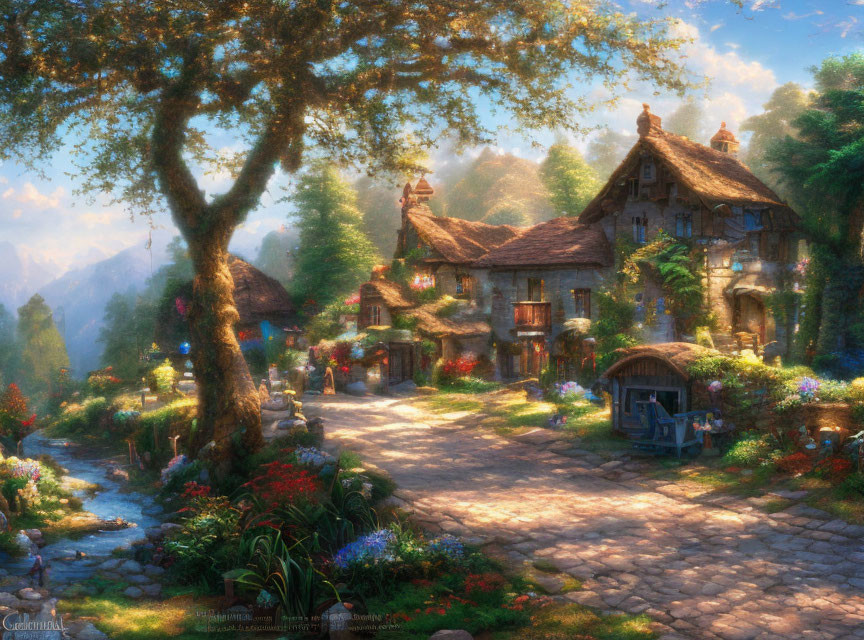 Enchanting village scene with cottages, gardens, cobblestones & glowing tree