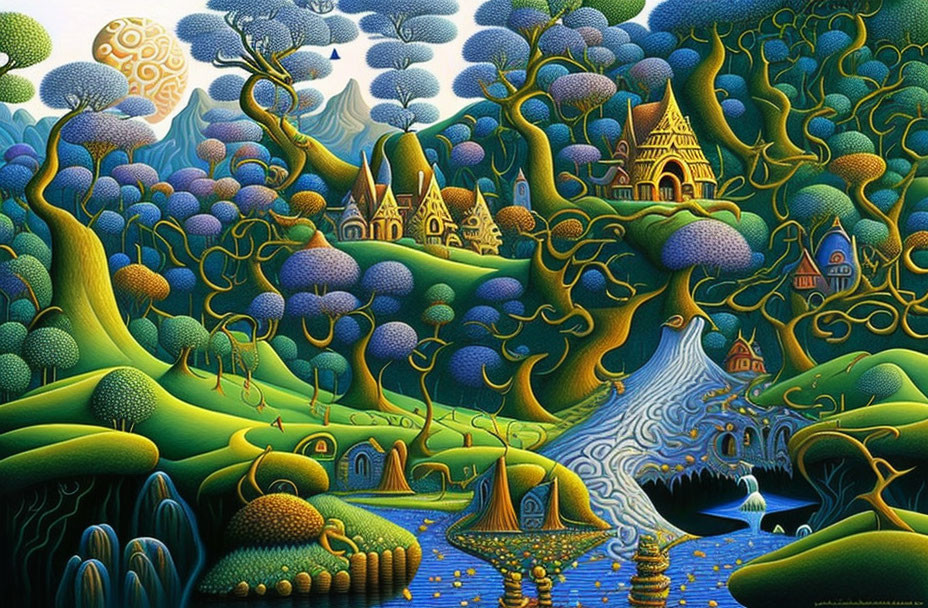 Colorful whimsical landscape with stylized trees and flowing rivers