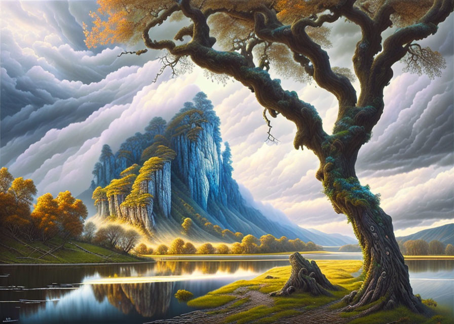 Tranquil landscape with gnarled tree, still lake, dramatic cliffs, and swirling sky.
