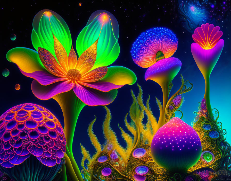 Neon-colored imaginary plants and flowers in surreal alien garden