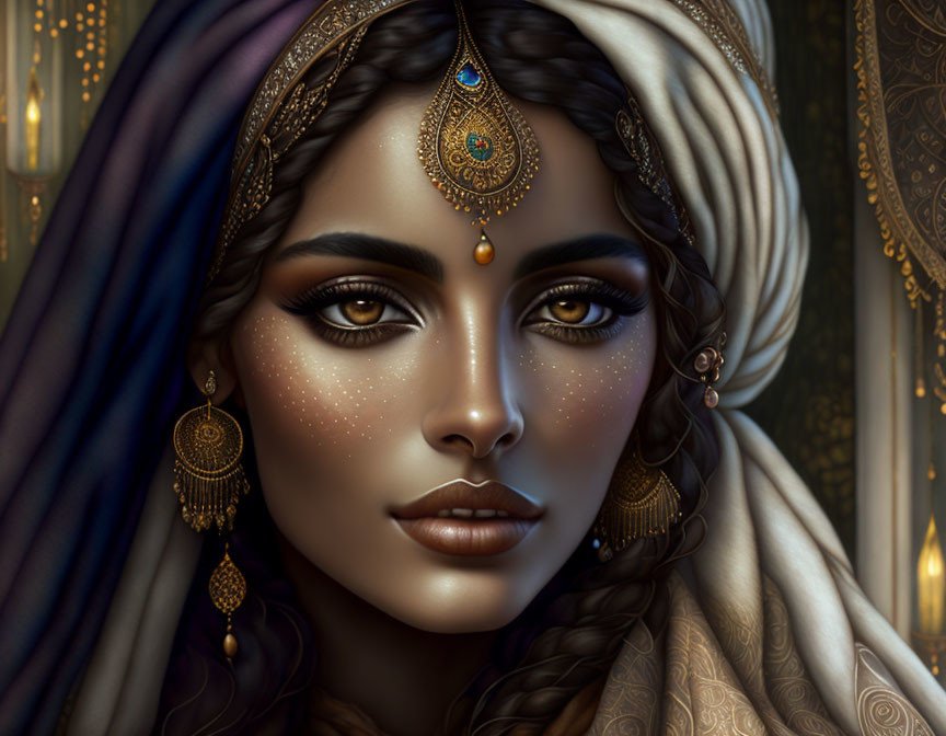 Striking digital portrait of woman with gold jewelry and headpiece against textured backdrop