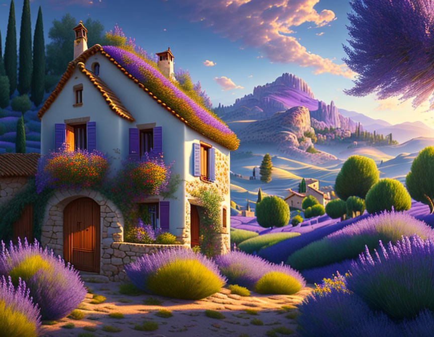 Charming thatched roof cottage in lavender fields at sunset