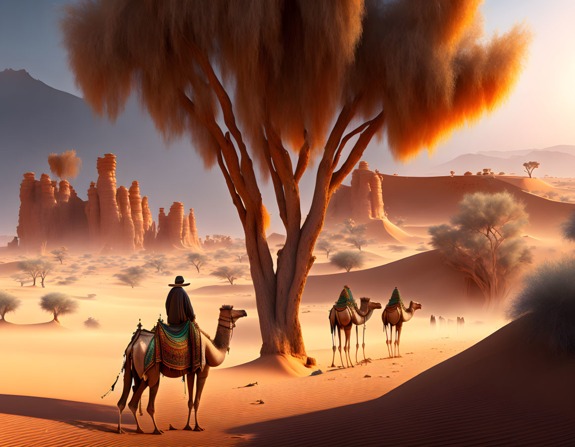 Verschillende kamelen met berijder in woestijnacht