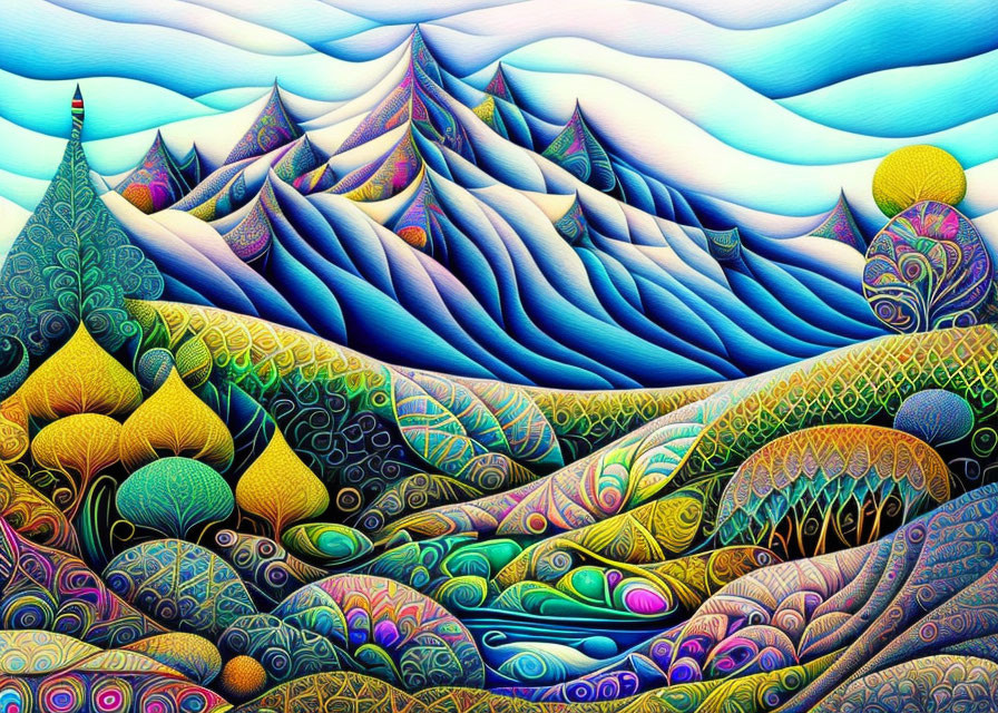 Colorful Psychedelic Landscape Art: Stylized Mountains and Patterned Hills
