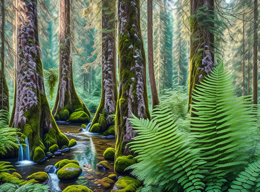 Tranquil forest landscape with mossy trees, brook, ferns, and sunbeams