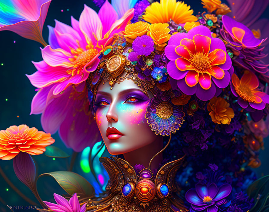 Colorful Floral Decorated Woman Portrait on Dark Background