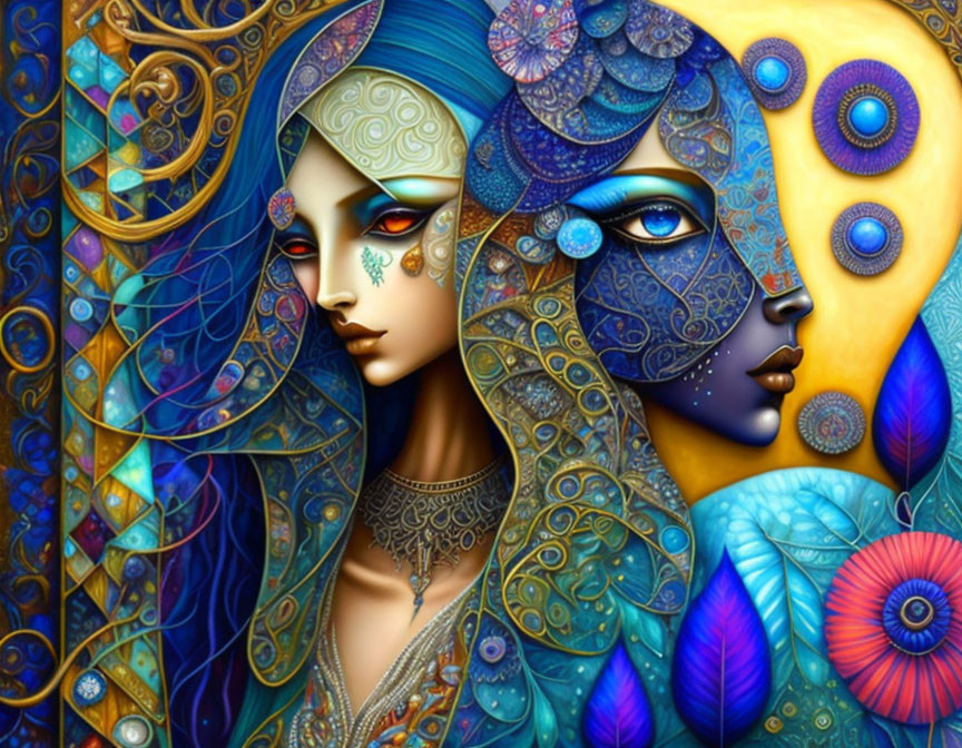 Colorful artwork: Two female faces with intricate patterns, one in cool tones with moon motif, the