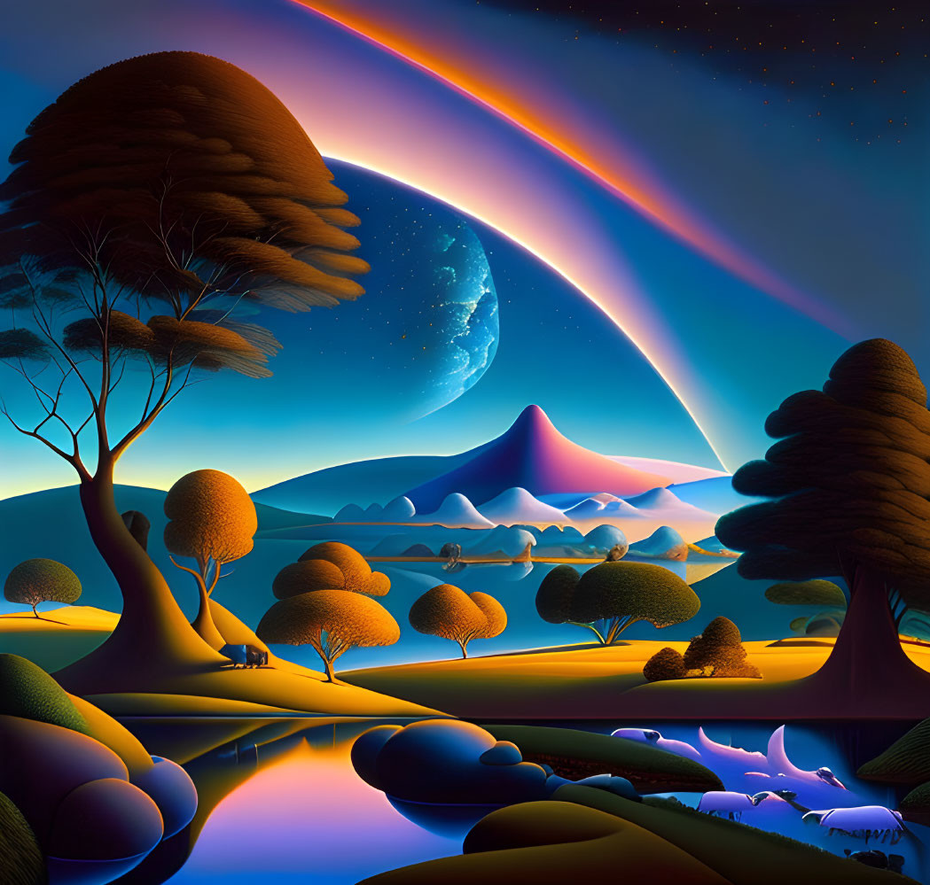 Colorful surreal landscape with stylized trees, river, mountains, and moon