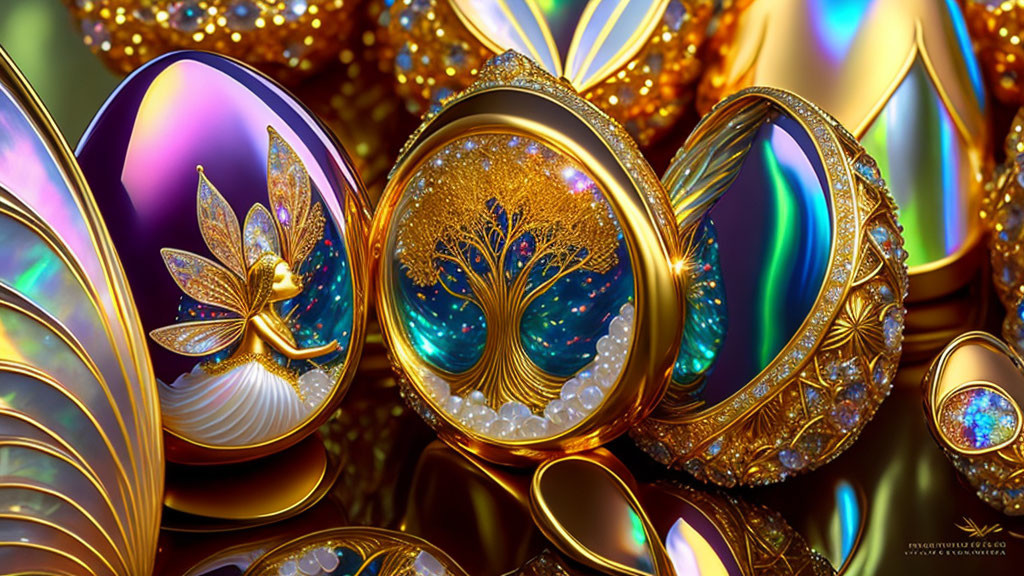 Intricate jewel-encrusted egg designs with tree and leaf motifs