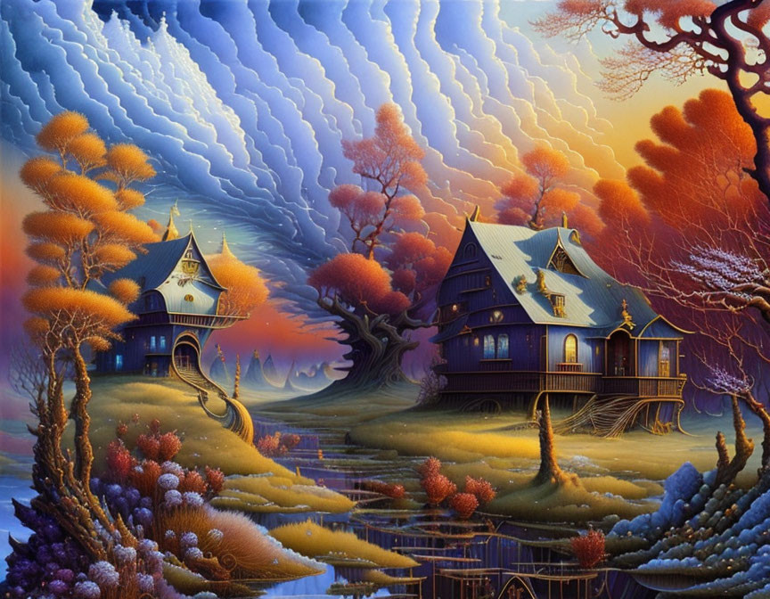 Vibrant autumn painting: Victorian houses, swirling clouds, sunset