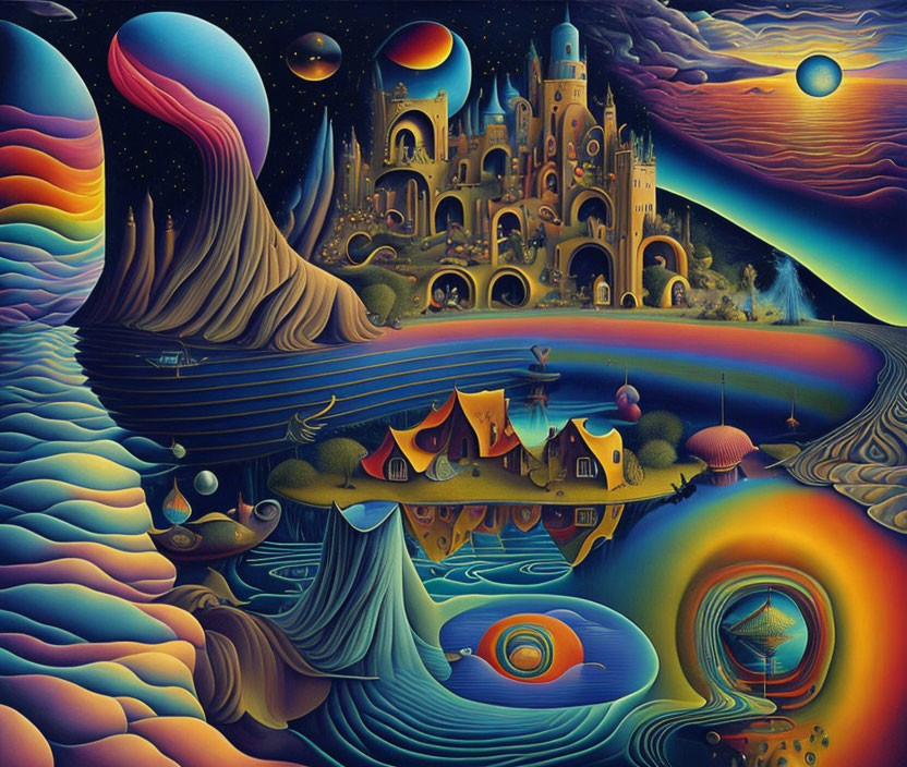Colorful psychedelic landscape with fantastical castle and surreal elements