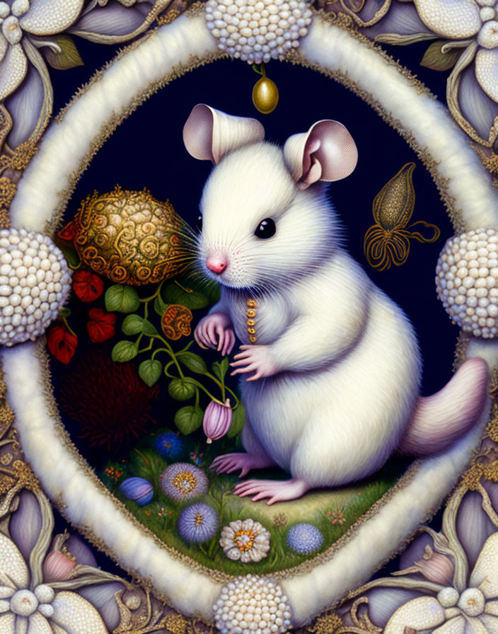 Whimsical white mouse illustration with pearl necklace in ornate frame