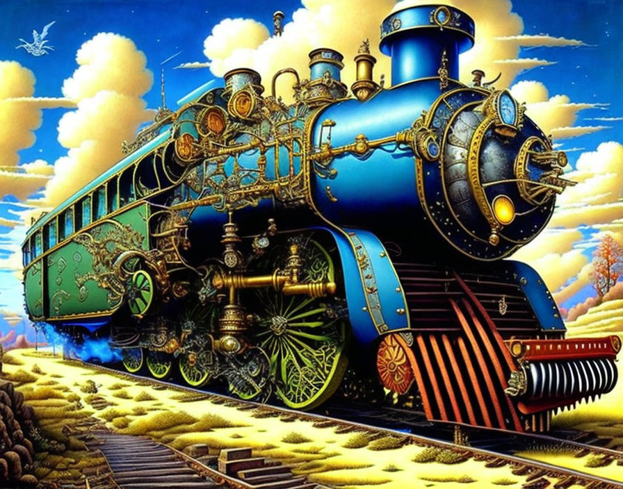Vintage steam locomotive with gold detailing in colorful landscape