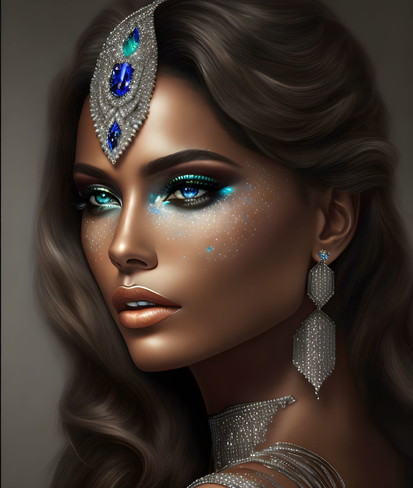 Digital Artwork: Woman with Blue Eyes & Bejeweled Headpiece