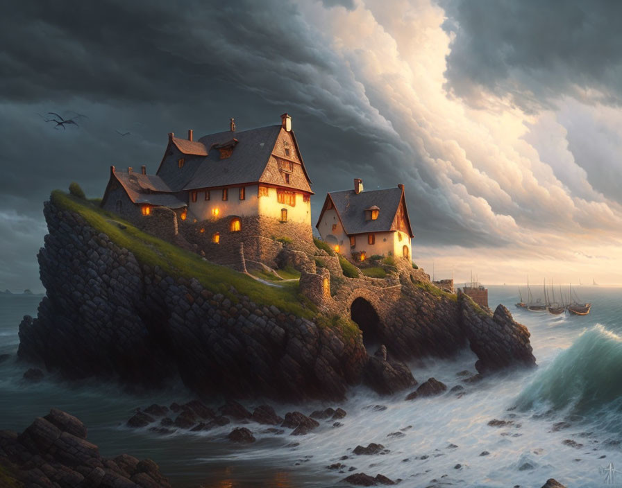 Stone-built coastal village on cliff at dusk with dramatic sky, rough sea waves, and distant sailing ships