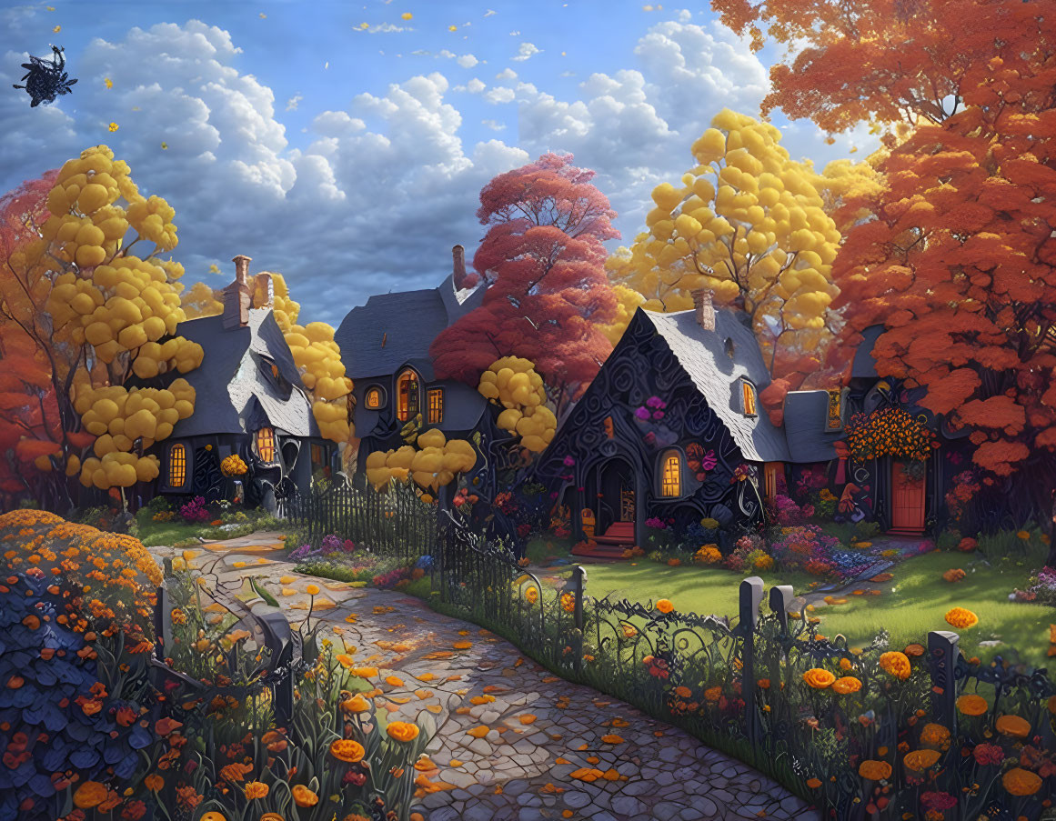 Colorful Autumn Village Scene with Cobblestone Path & Vibrant Flowers