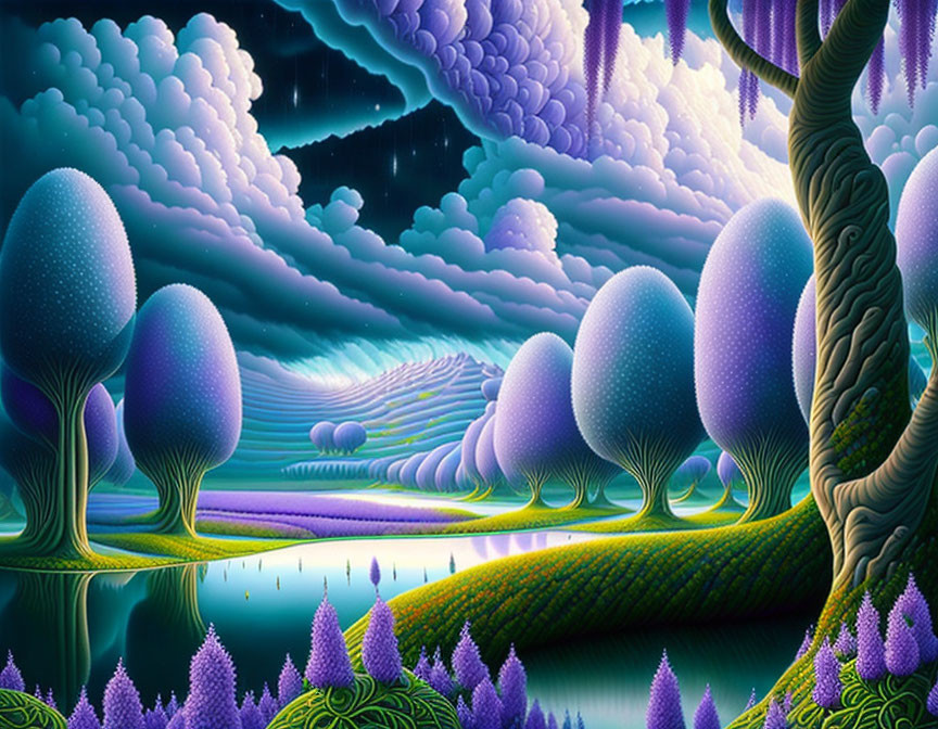 Surrealistisch landschap in lila en paarse tinten