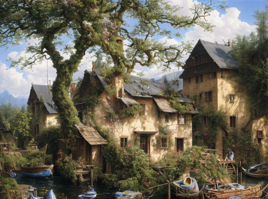 Rustic village by river with boats, blooming flowers, and lush greenery