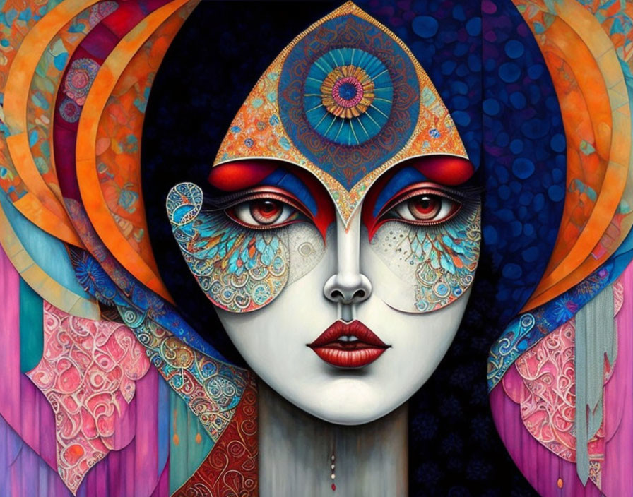 Intricate Artwork of Stylized Female Face with Vibrant Palette