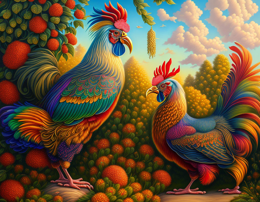 Vibrantly colored roosters in lush foliage under dreamlike sky