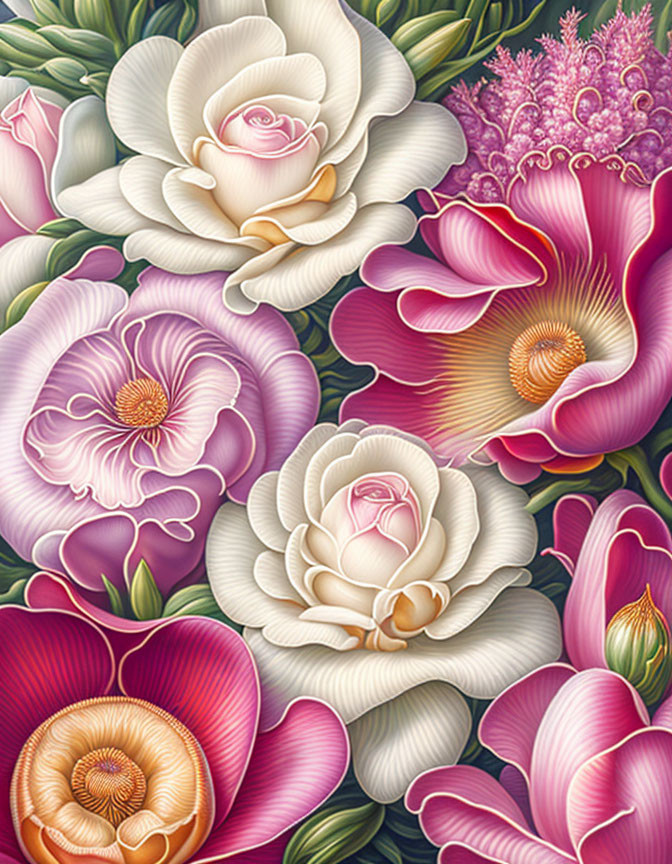 Detailed Floral Illustration in White, Pink, and Orange
