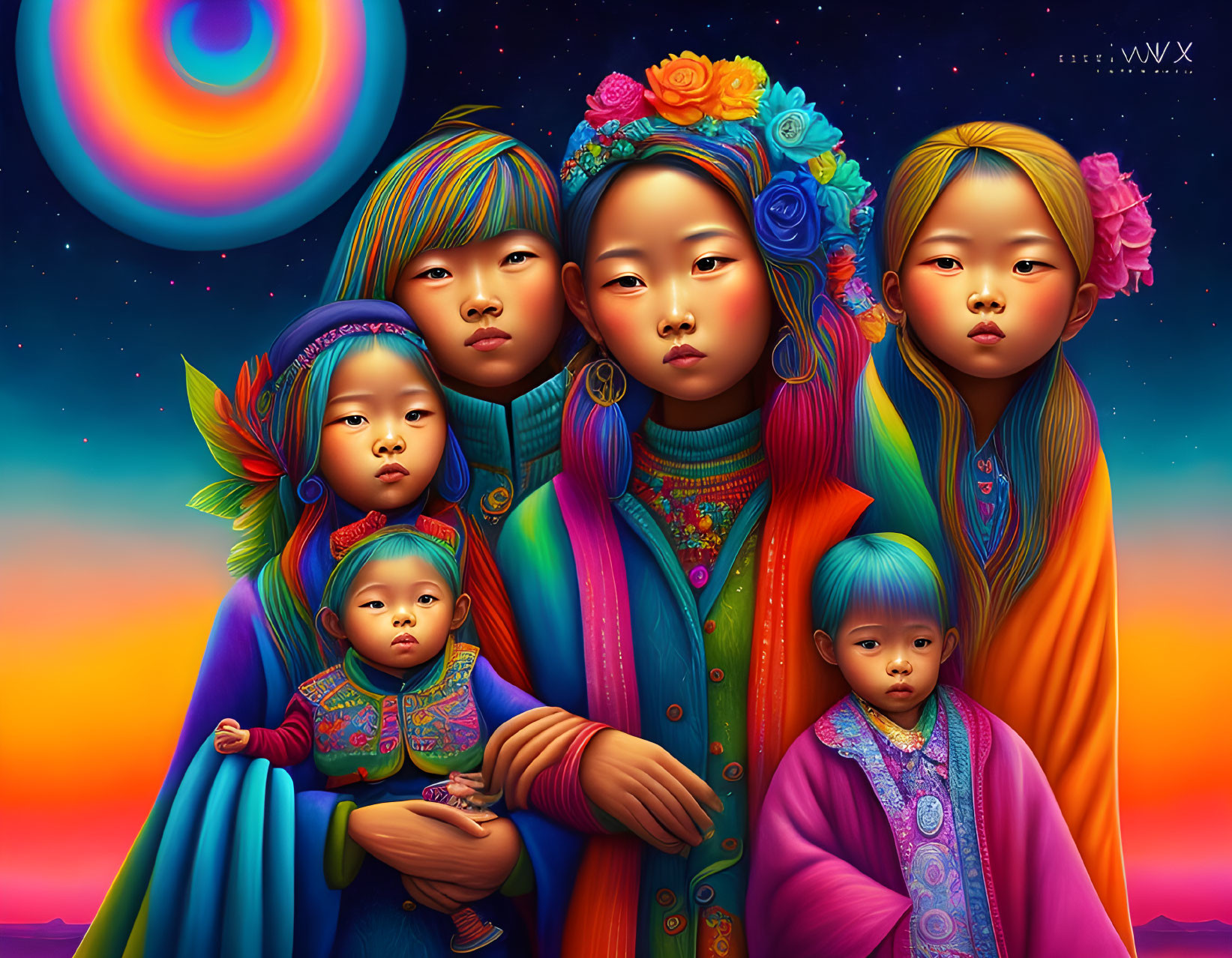 Six Asian children in traditional attire against surreal sunset and celestial backdrop