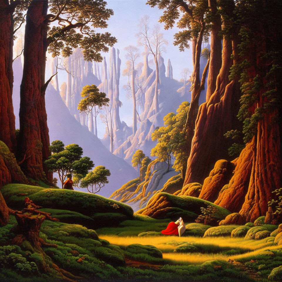 Tranquil forest scene with moss-covered grounds and ancient trees, person in red cloak sitting in sun