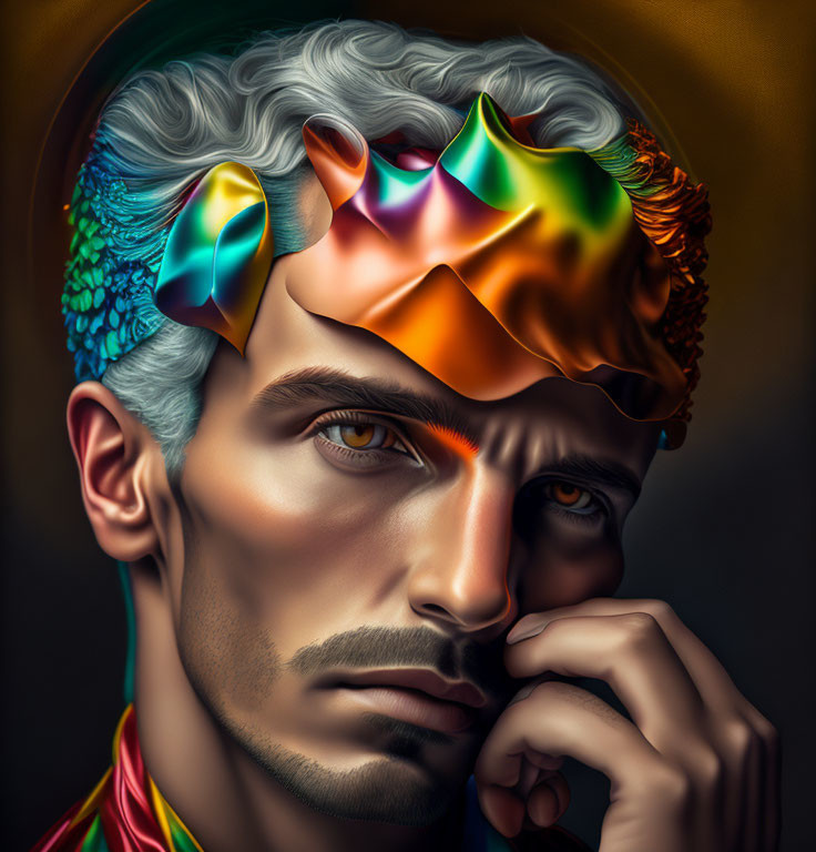 Digital Artwork: Man with Grey Eyes and Silver Hair, Colorful Melting Crown