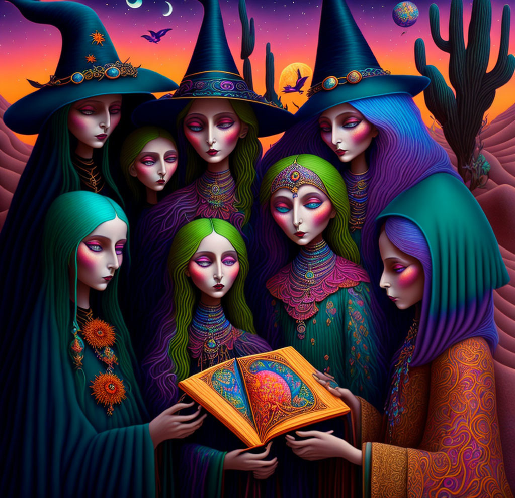 Stylized witches with purple skin and intricate clothing in twilight desert scene