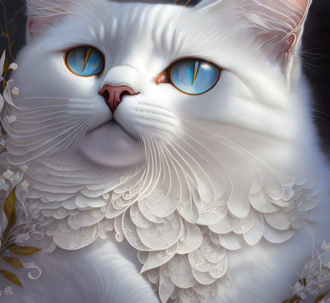 Detailed white cat illustration with blue eyes and lace-like fur patterns on dark background.