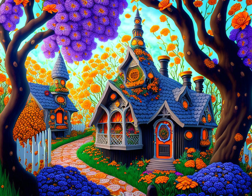 Colorful whimsical cottage illustration with vibrant flowers, trees, and cobblestone path