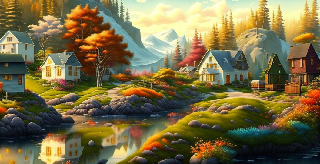 Picturesque village scene: colorful houses, river, autumn trees, mountains, golden light