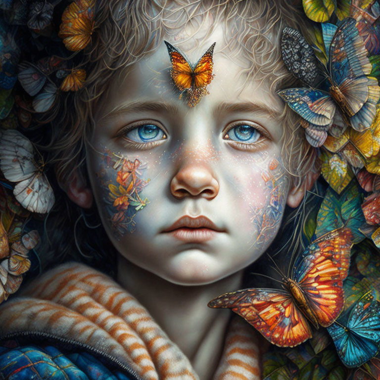 Child's Face Surrounded by Colorful Butterflies and Butterfly Face Paint