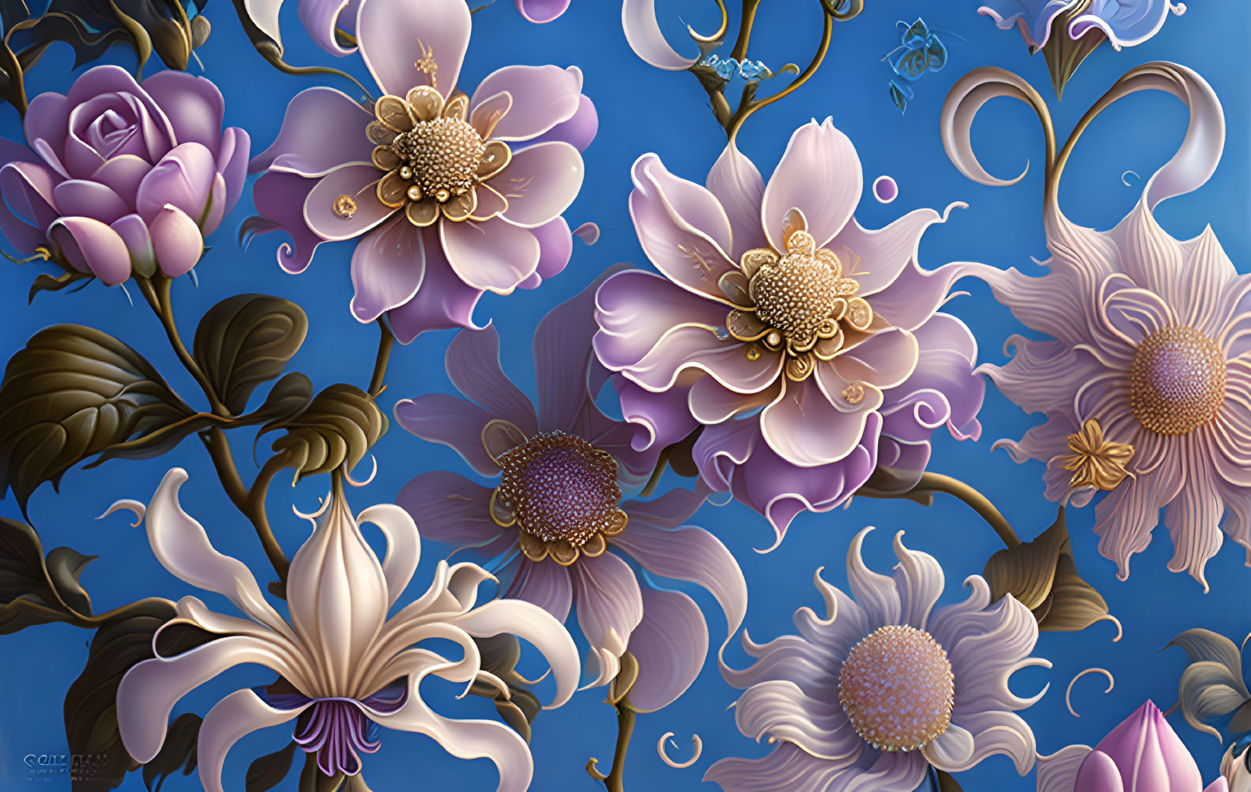Colorful digital artwork: Purple and pink ornate flowers with gold details on blue background