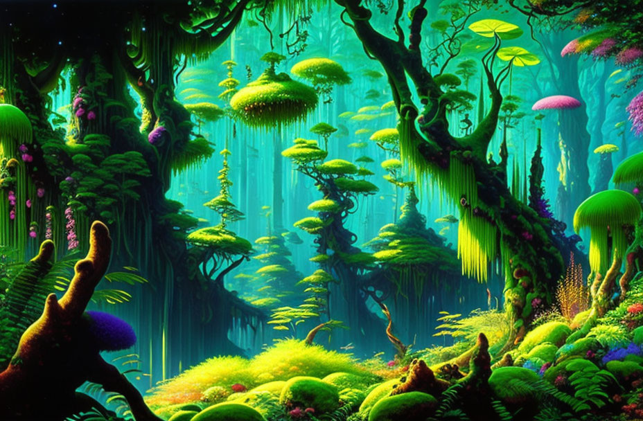 Alien forest with bioluminescent plants, towering trees, and glowing mushrooms